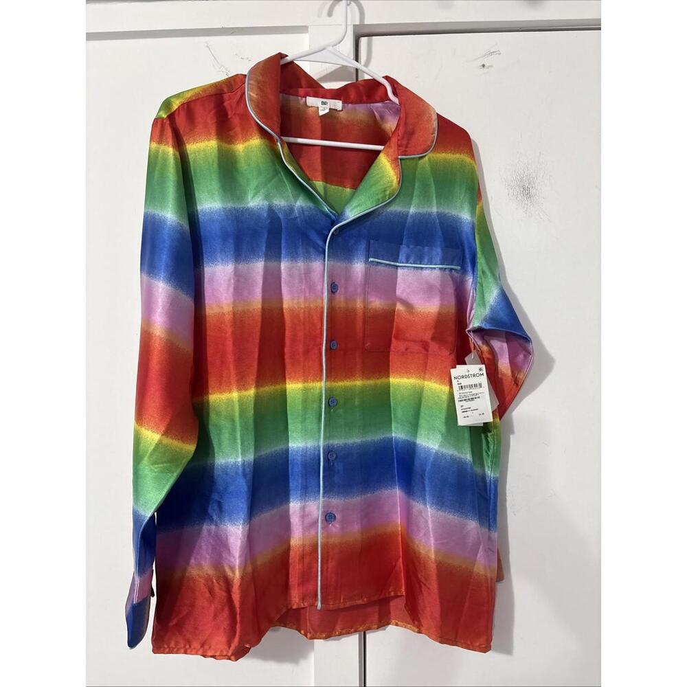 BP Be Proud Rainbow Ombre Stripe Satin Button Down Shirt Small Fun Bright NWT